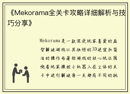 《Mekorama全关卡攻略详细解析与技巧分享》
