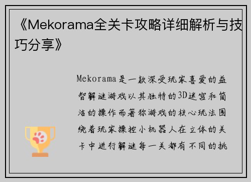 《Mekorama全关卡攻略详细解析与技巧分享》